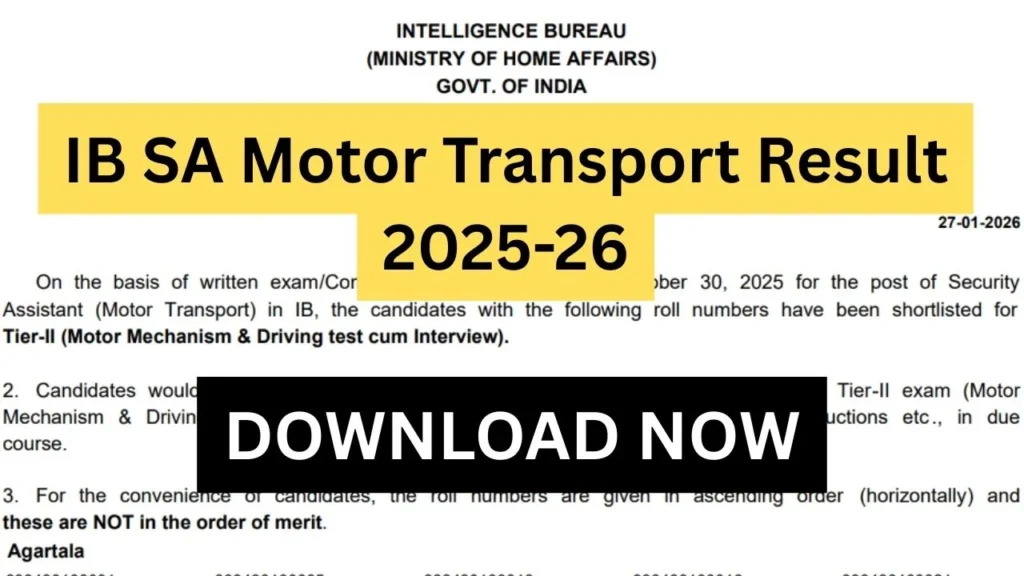 IB SA Motor Transport Result 2025-26 > Check Roll Numbers, Selection Status & Next Steps for Documentation