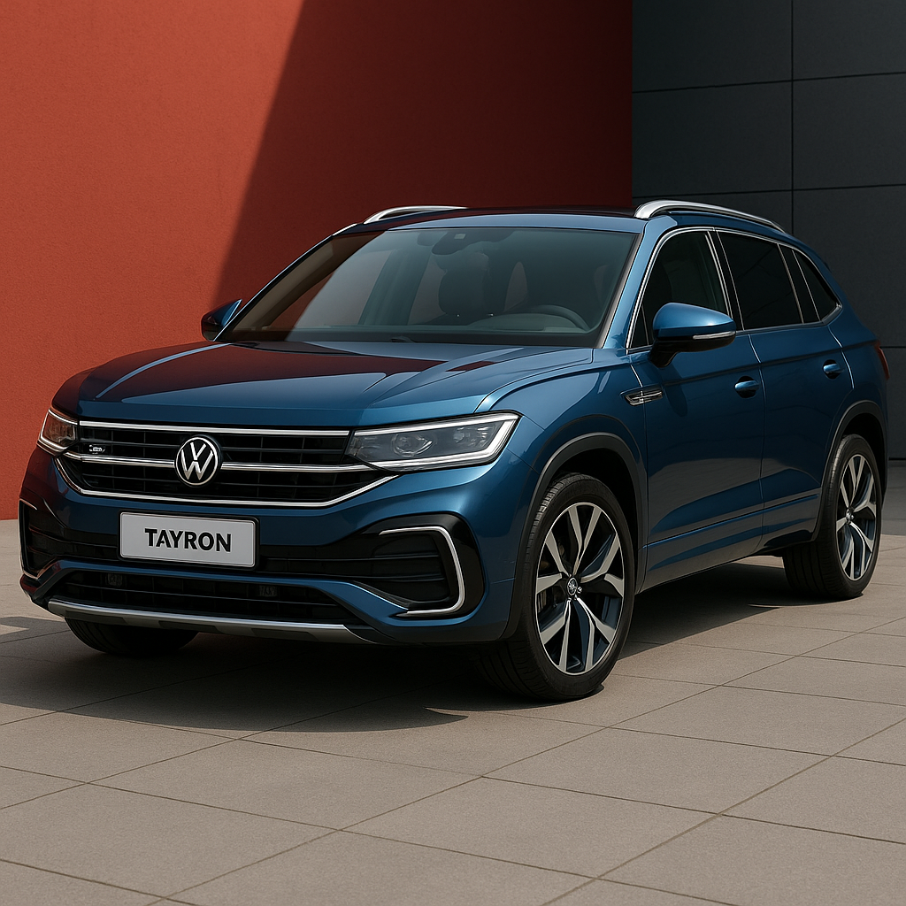 Blue Volkswagen Tayron R-Line SUV parked on a modern tiled driveway, showcasing its sporty exterior design.